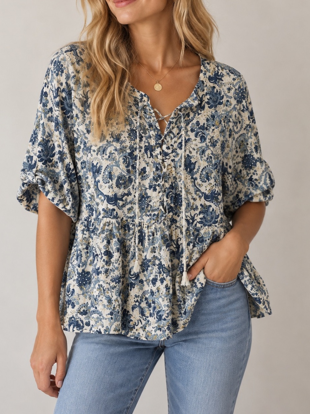 Faherty Linen Blouse Top M Blue Navy Floral Paisley Botanical Boho Cottagecore